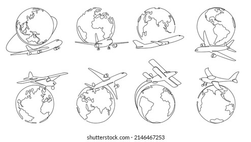 One line world airlines. Airplane around globe, worldwide plane travels and flights all over earth doodle vector illustration set. Transportation travel world, airline icons