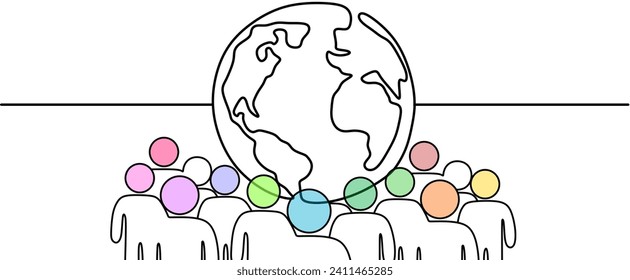 One line World culture earth day and global diversity and international cultures as a concept of diverse races and crowd cooperation symbol. People around the planet earth.