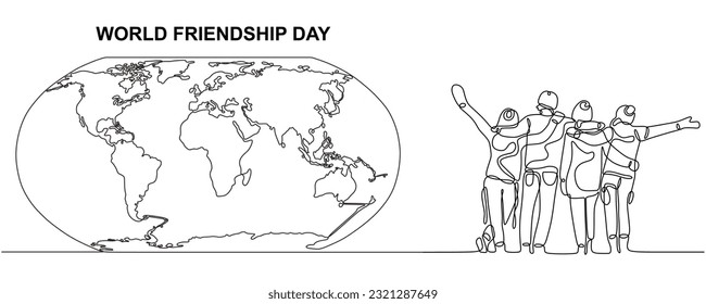 One line of World Friendship Day banner with world map. Continuous line Concept Observed on Every July 30. Single line of Friendship Day isolated on white background.