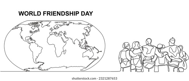 One line of World Friendship Day banner with world map. Continuous line Concept Observed on Every July 30. Single line of Friendship Day isolated on white background.