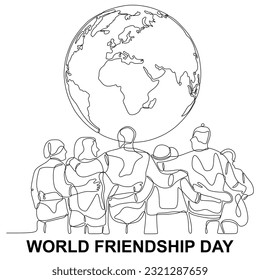 One line of World Friendship Day banner with world map. Continuous line Concept Observed on Every July 30. Single line of Friendship Day isolated on white background.