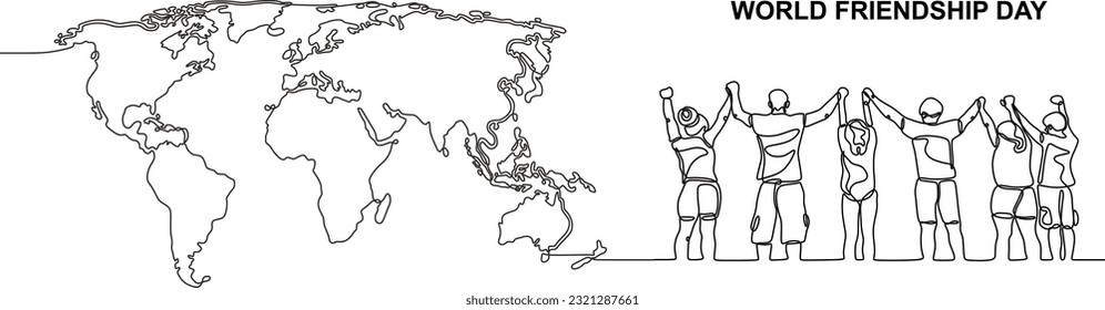 One line of World Friendship Day banner with world map. Continuous line Concept Observed on Every July 30. Single line of Friendship Day isolated on white background.