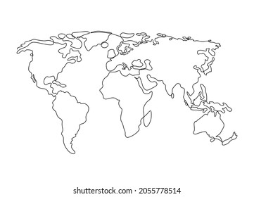 One line world map. Minimal continuous doodle line map, simple graphic design of continents drawing. Vector illustration