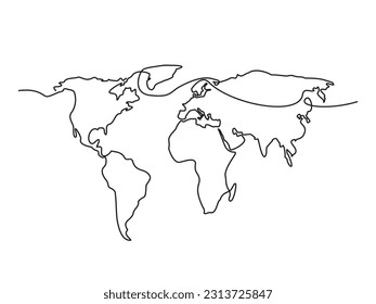 One line world map. Outline vector illustration isolated on a white background