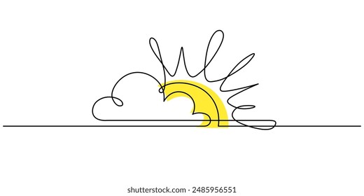 Eine Linie gelbe Sonne mit Wolkenskizze. Kontinuierliche Doodle-Art-Zeichnung, kreatives lineares Wetter-Symbol isoliert. Bearbeitbarer dünner Strich