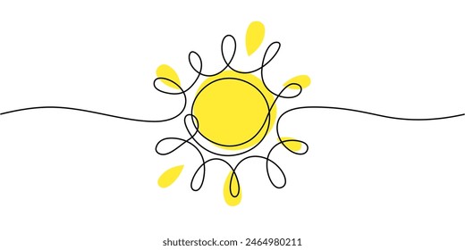 Eine Zeile gelbe Sonnenskizze. Kontinuierliche Doodle Art Zeichnung, glänzende lineare sonnige Ikone mit Farbe isoliert. Bearbeitbarer Strich