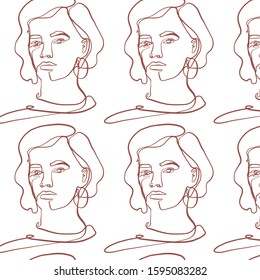 One line young woman or girl portrait face, beauty single icon, simple fashion logo, continuous hand drawing art. Black and white graphic modern texture

