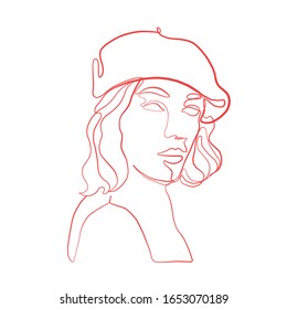 One line young woman or girl portrait face, beauty single icon, simple fashion logo, continuous trendy hand drawing art. Female silhouette. 