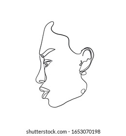 One line young woman or girl portrait face, beauty single icon, simple fashion logo, continuous trendy hand drawing art. Female silhouette. 