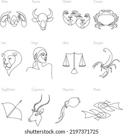 Eine Linie Zodiac Symbol Schilder. Vektorgrafik.