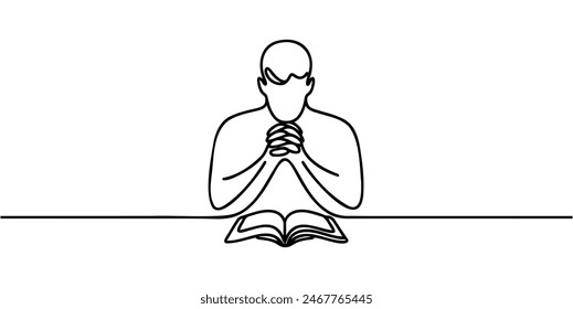 one linear image of a man who prays on a white background.