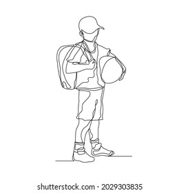 in einem Netzhandbuch mit Hut, Rucksack und Ball in der Hand in einer einzigen Vektorgrafik Vektorgrafik