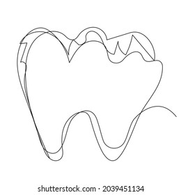 Un diente dibujado en línea sobre un fondo blanco. Símbolos en el estilo de doodle de contorno. Ilustración vectorial de una cita dental.