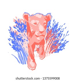 One lion cub or female lion walking out of the bushes. Abstract graphic illustration drawn in the technique of rough brush
