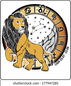 One Lion is on the Horoscope circle.On Horoscope circle are  symbols of all zodiac signs  On a white background.Graphic Vector  Illustration.  