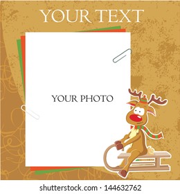 One list of scrapbook - one photo and funny reindeer on sledge (vector)