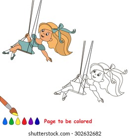 One little baby girl swinging on a swing. Page to be color. Coloring book for children.