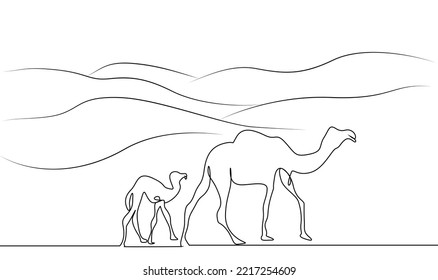 one little camel and big camel family walking together in the desert drawing concept