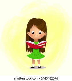 One little cartoon girl with book. Reading book. Vector