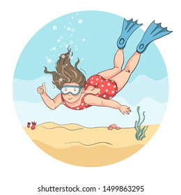 one little caucasian girl wearing  red swimming suit, blue swimfins and goggles diving under water with yellow sand and sea weeds beneath - flat hand drawn vector illustration