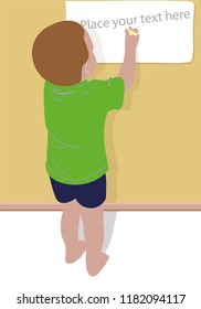 One Little child stand wrote (draw) on papper, place your text here, kid, Baby, boy, felt pen, drawing on wall, pencil
