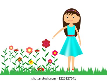 one little cute girl in blue dress on grass and beautiful flower. vector illustration. 