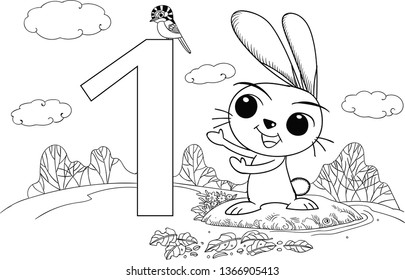 One little cute rabbit . Hand drawn vector illustration for preschool coloring,coloring pattern,animals illustration,clip arts, decoration,cartoon animals illustration,graphic design,background.