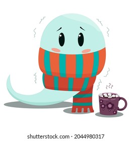 one little halloween ghost basking in a scarf with a mug of cocoa