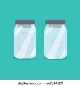 one little human pink brain flat design style simple & one big for a scientific experiment in a closed transparent glass jar cartoon isolated. science & education in a lab vector. 