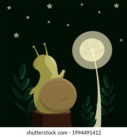 one lone snail on a tree stump under a starry sky next to a white dandelion