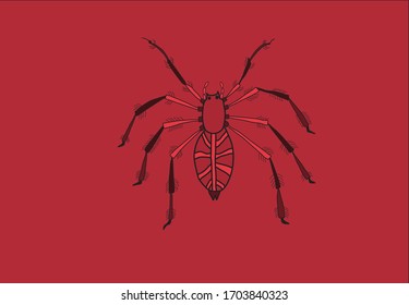 One lonely big spider, coloured in shades on dark red on reddish background. 