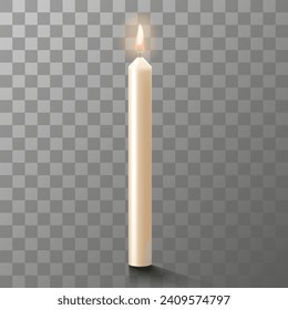 One long white burning candle made of wax isolated on transparent background, mock up. Realistic 3d vector illustration. Blank for a designer or postcard, slide for a presentation.