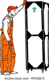one longshoreman in orange combination holds a box
