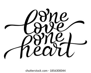 One love one heart - beautiful monochrome hand lettering vector template isolated on a white background. Romantic positive inspirational phrase for st. Valentine's Day or wedding typographic products.