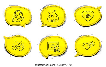 One love sign. Diploma certificate, save planet chat bubbles. Santa boots, Love message and Hot sale line icons set. New year, Heart, Shopping flame. Sweet heart. Holidays set. Vector