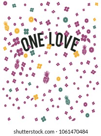 one love. vector shirt print design. text and flowers.
