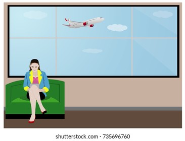one lovely woman sit at sofa in airport look at mobile in hand vector design