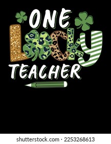 One Lucky Teacher St. Patricks Day Teacher shirt Leopard Shamrock T Shirt Design