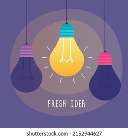 One luminous bulb among extinct ones. Search for new business ideas for projects and startups. Concept of brainstorming, creative thinking. Successful finding of fresh idea. Flat vector illustration