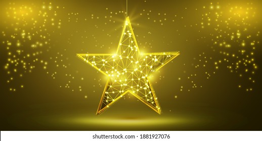 Una estrella mágica en un pedestal con un diseño de polos bajo. Ilustración vectorial con brillo, chispas y copos de nieve sobre fondo azul. El concepto de diseño con una fantasía brillante en forma de estrella de lujo.