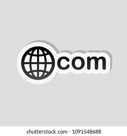 one of main domains, globe and com. Sticker style with white border and simple shadow on gray background