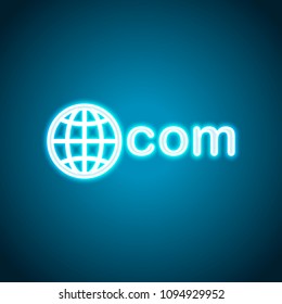 one of main domains, globe and com. Neon style. Light decoration icon. Bright electric symbol