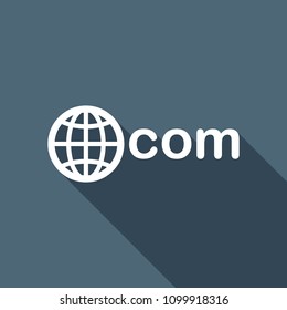 one of main domains, globe and com. White flat icon with long shadow on background
