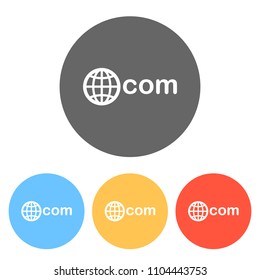 one of main domains, globe and com. Set of white icons on colored circles