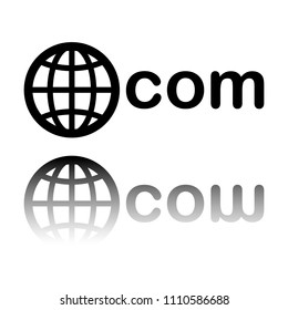 one of main domains, globe and com. Black icon with mirror reflection on white background