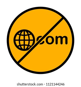 one of main domains, globe and com. not allowed, black object in warning sign with orange background color