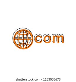 one of main domains, globe and com. Isolated icon consisting of black thin contour and orange moved filling on different layers. White background