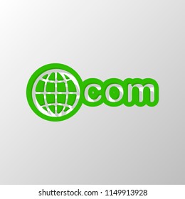 one of main domains, globe and com. Paper style. Cut symbol with green bold contour on shape and simple shadow