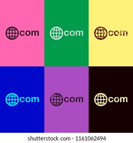 one of main domains, globe and com. Pop art style. Scratched icons on 6 colour backgrounds. Seamless pattern