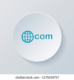 one of main domains, globe and com. Cut circle with gray and blue layers. Paper style